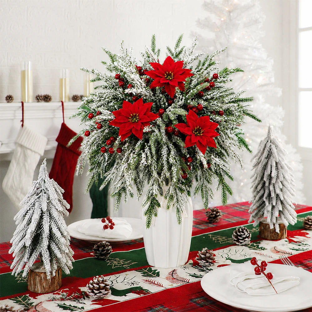 Decoraciones navideñas DIY 18 piezas Agujas de pino artificiales Bayas rojas Flores de flor de Pascua para Fiesta en casa Decoración de corona para Festival de invierno