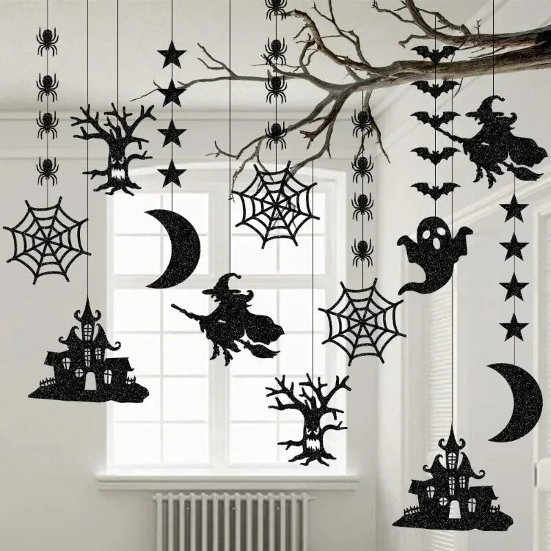 Lot de 6 guirlandes suspendues d’Halloween avec araignées effrayantes, sorcières, fantômes et chauves-souris, décorations pour une joyeuse fête d’Halloween à la maison