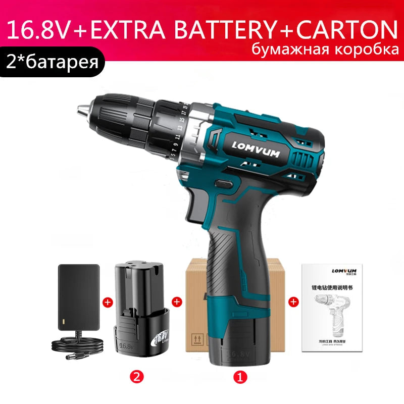 LOMVUM Rechargeable Lithium Battery Cordless home 20V Electric Drill bit wall 16.8V Electric Screwdriver with Plastic case