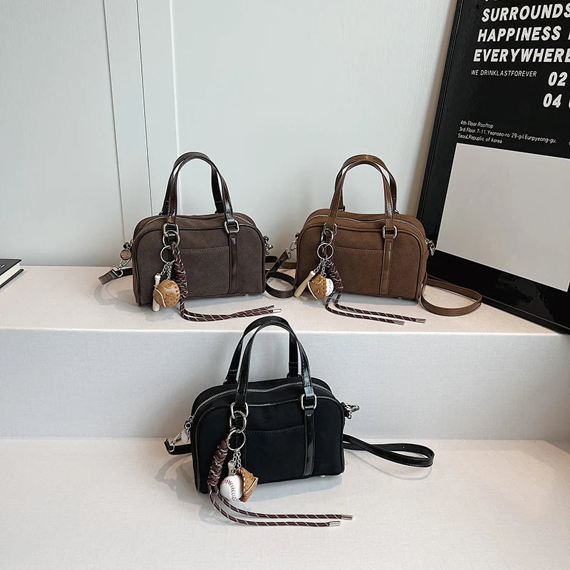 Mini Boston Top-handle Bags For Women PU Suede Pure Color Shoulder Crossbody Bag With Base Ball Pendant 2025 New Luxury Handbags