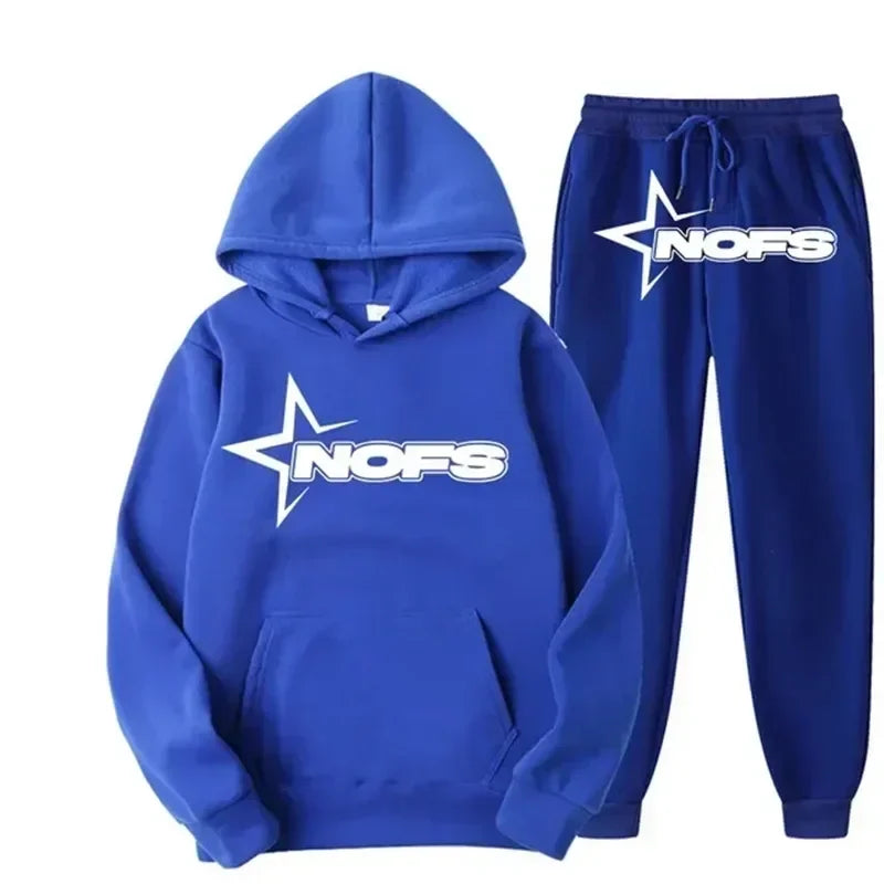 Ensemble streetwear NOFS noir imprimé étoiles avec sweat à capuche et pantalon de jogging, pour hommes et femmes