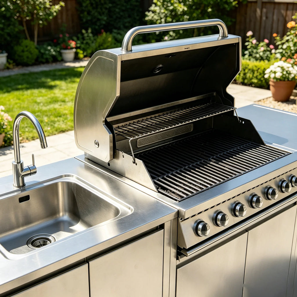 Full Kitchens ofrece cocinas de exterior completas, conjuntos de armarios duraderos con islas y carritos de cocina, conjunto de cocina para guisos.