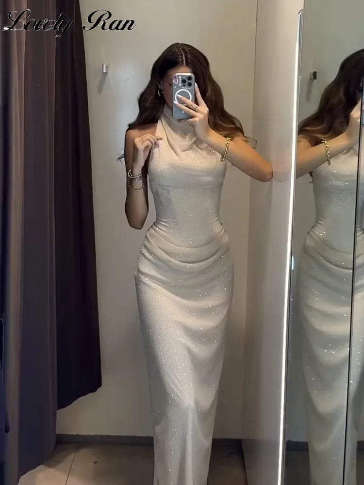 Urban Sequin Pleated Long Women's Dress Sexy Sleeveless Stand Collar Party Dresses Female 2026 Fashion Evening  Robe Lady
