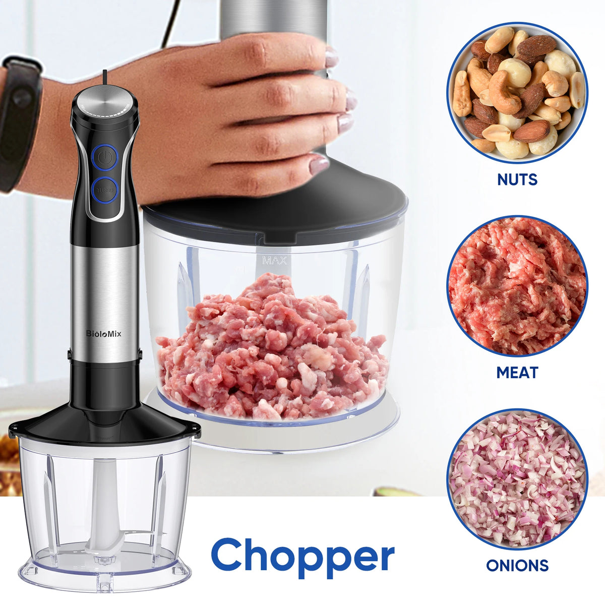 BioloMix 1500W 5-in-1 Immersion Hand Blender with 304 Stainless Steel Blade for Puree, Smoothies, and Baby Food Preparation