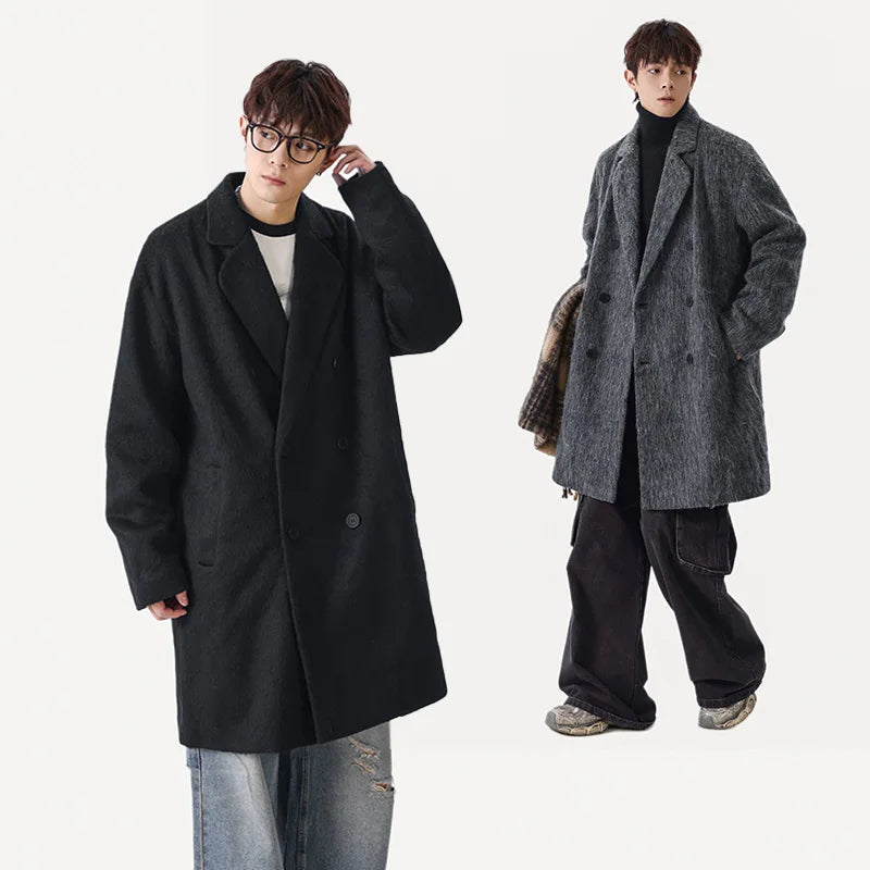 Autumn Winter Fleece Coat Mid-length Gray Oversized Thickened Warm Imitation Cashmere Blends Coat Men Double-breasted Trend Coat