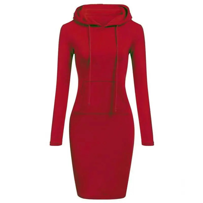 Women's casual knee-length dress with hood and pockets
