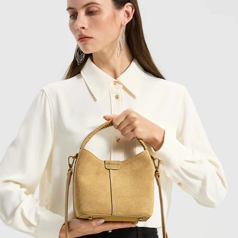 Luxury Designer Genuine Suede Cowhide Women Bucket Handbag Braided Woven Top Handle Real Leather Hobo Bag Ladies Shoulder Purse