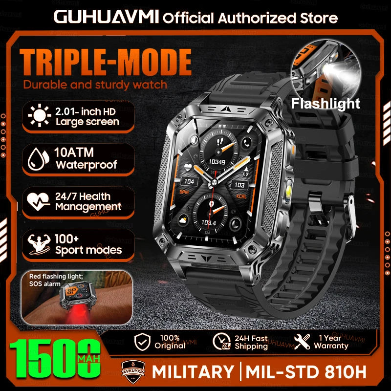 New 1500mAh Military Outdoor Smartwatch For Men LED Flashlight IP69K Waterproof GPS Sports 2.01-inch Bluetooth Call Smart Watch