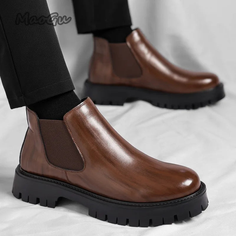 Vintage Herren-Chelsea-Stiefeletten in Braun, glänzendes Leder, Schlupfschuhe mit dicker, rutschfester Sohle, kurze Stiefel für Herren, Herbst, schwarz