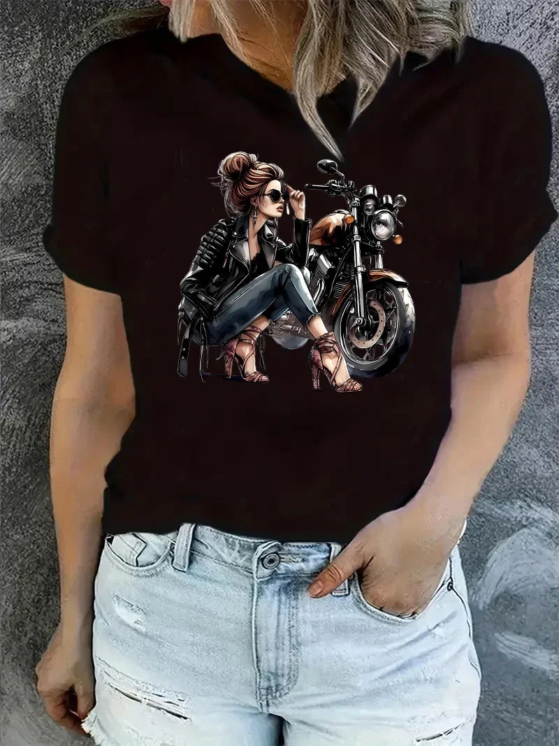 T-shirt da donna con stampa grafica di motociclista