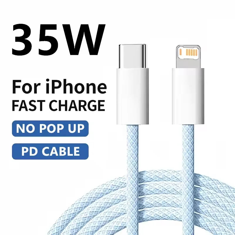 Cable trenzado PD de 1 m y 2 m, carga rápida de 35 W para iPhone 13, 14 Pro Max, 11, 12 mini, X, XR, XS Max, 7 y 8 Plus, cable USB-C para carga rápida y transferencia de datos