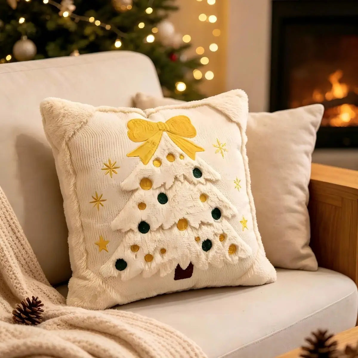 3D Christmas Tree Throw Pillow Covers Faux Plush Embroidered Xmas Tree Pattern Cushion Covers Sofa Couch Home Decor