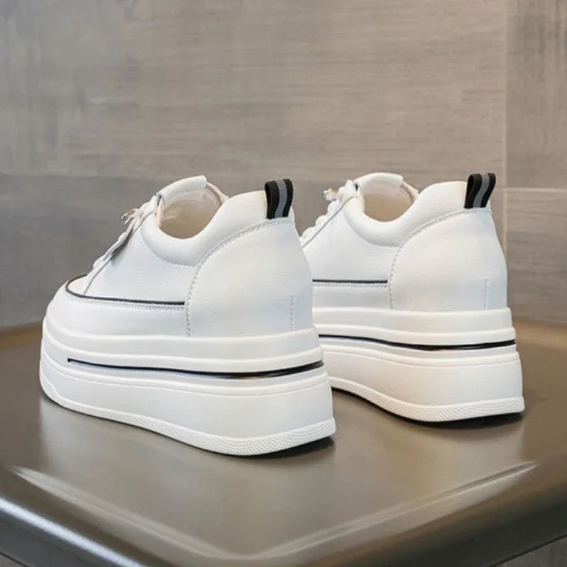 Freizeit-Sneaker für Damen mit Plateau, versteckter Absatz, Schnürschuhe, vulkanisierte Damenschuhe, atmungsaktive Lederschuhe, bequeme Damenschuhe
