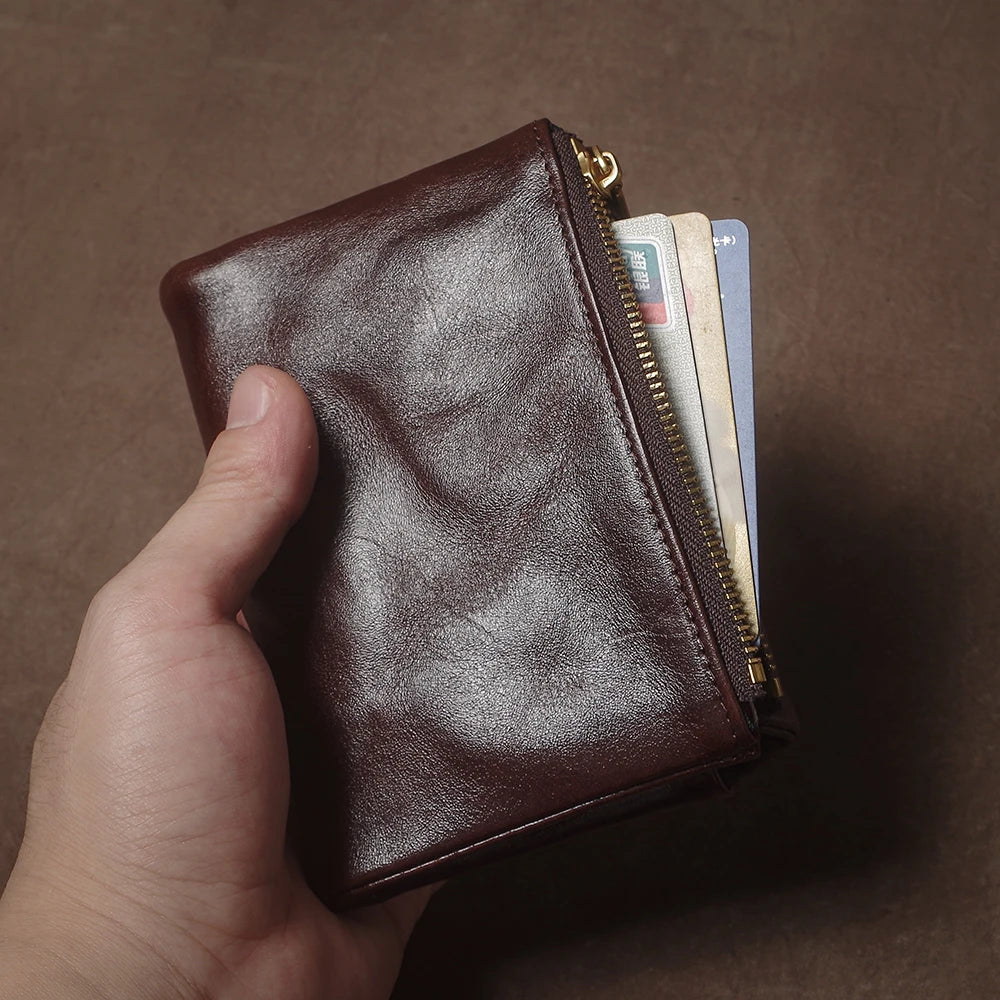 GURO Vintage Genuine Leather Trifold Wallet for Men Women Zipper Coin Purse Driver License ID Credit Card Luxury Cowhide Wallet