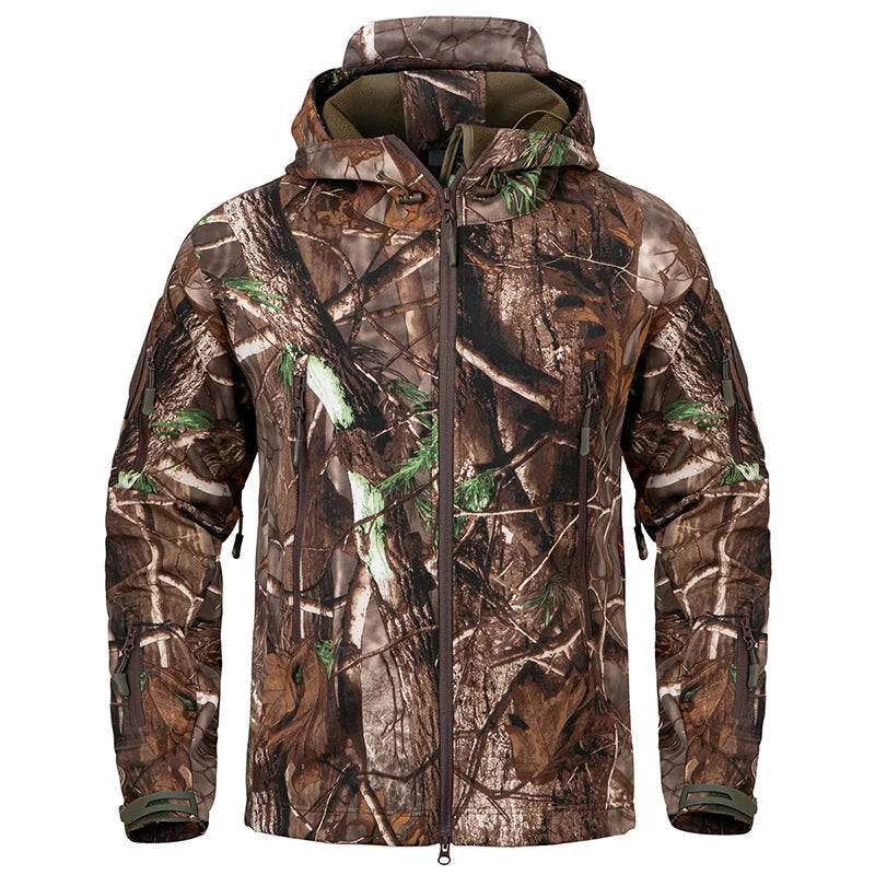 Giacca softshell mimetica da uomo con cappuccio