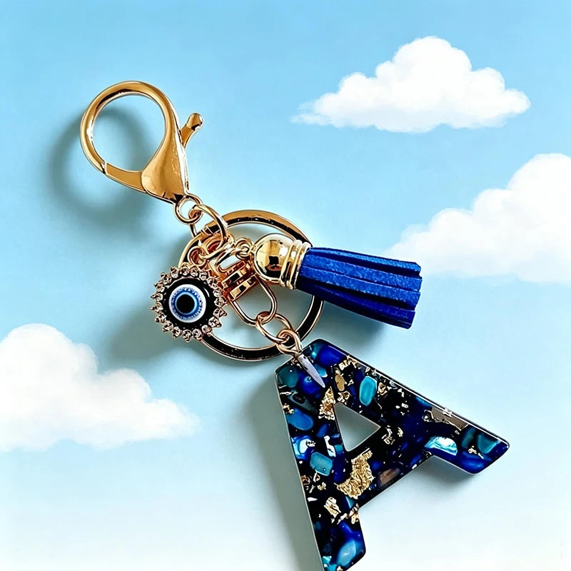 Blue Resin Initial Keychain - Evil Eye Letter Charm with Rhinestones & Tassel, Stylish Gift for Women, Lobster Clasp Accessory