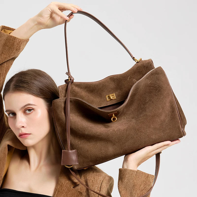 Suede Bags Women Genuine Leather Handbag Winter Luxury Brand Woman Shoulder Bag Totes Gold Buckle Large Capacity Female Bags