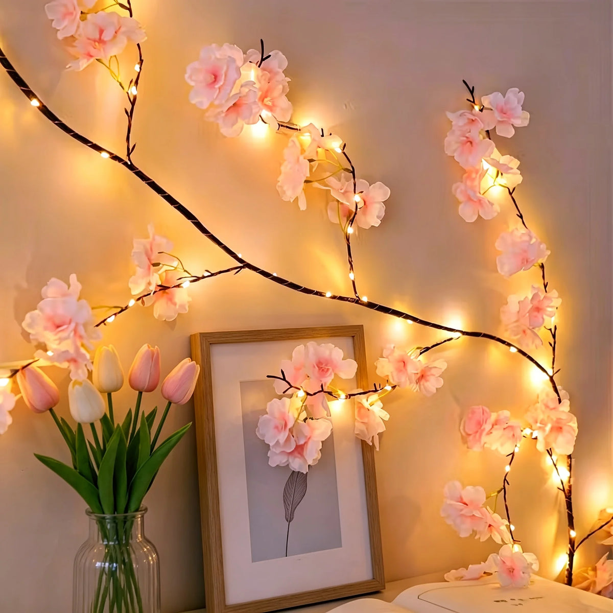 Flexible Lichterkette mit Kirschblütenzweigen, Sakura-Girlandelichter mit integriertem Kupferdraht, Vintage-Ambientebeleuchtung für Flure