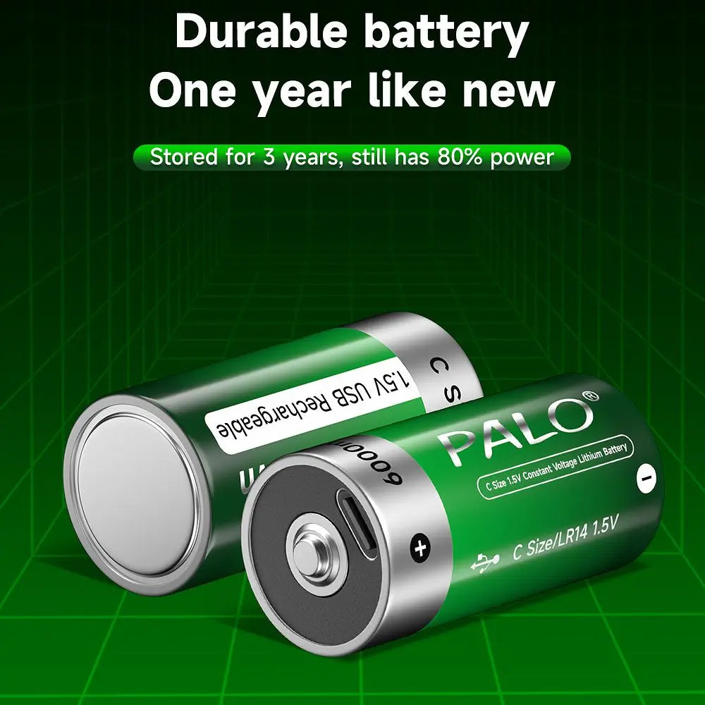 Batterie rechargeable au lithium Palo 1,5 V R14 LR14 avec chargement USB, batterie Li-ion taille C pour chauffe-eau, gazinière, radio, rasoir