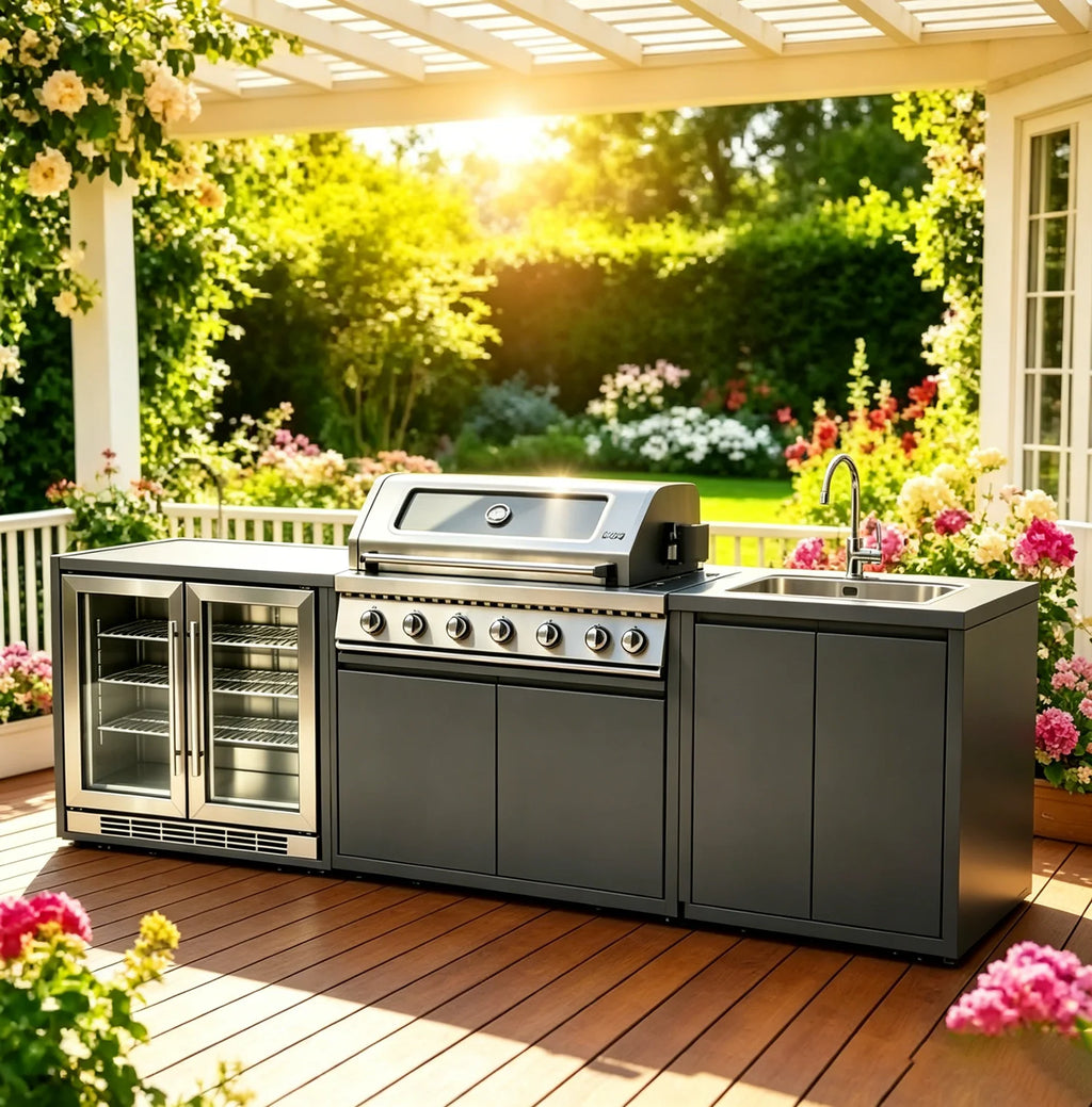 Full Kitchens ofrece cocinas de exterior completas, conjuntos de armarios duraderos con islas y carritos de cocina, conjunto de cocina para guisos.