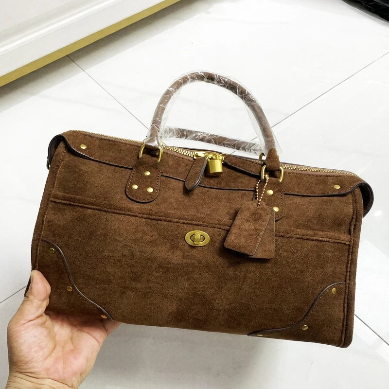 Vintage Faux Suede Boston Bags For Women Luxury Designer Handbag And Purse 2026 New In Riveted Lock Top Handle Underarm Shoulder