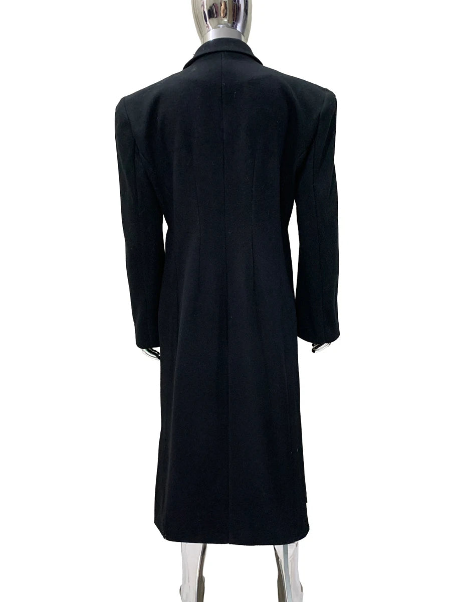 Autumn Winter Long Warm Thick Fitted Black Wool Blends Coat Men with Double Side Slit Shoulder Pads Luxury Woolen Overcoat 2025