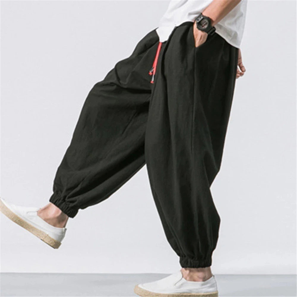 Men's Harem Pants Wid Leg Cotton Linen Trousers Spring Autumn Quality Men Casual Baggy Loose Oversized Pants Streewear