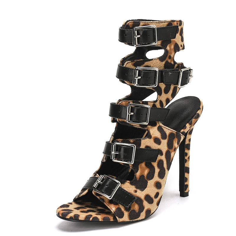 Sandali donna Liyke leopardati con fibbie multiple