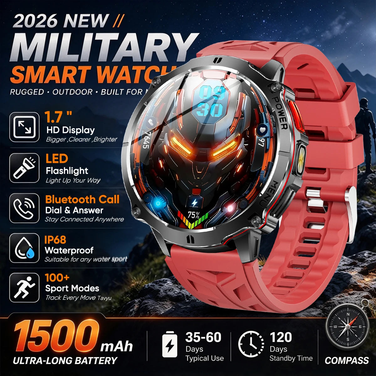 Military T-Rx6 Smartwatch,1.7'AMOLED Screen,150 Day Battery,IP68 Waterproof,Metal,120 Fitness Modes,Flashlight,For Men Women New