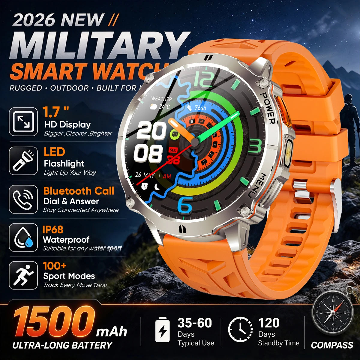 Military T-Rx6 Smartwatch,1.7'AMOLED Screen,150 Day Battery,IP68 Waterproof,Metal,120 Fitness Modes,Flashlight,For Men Women New