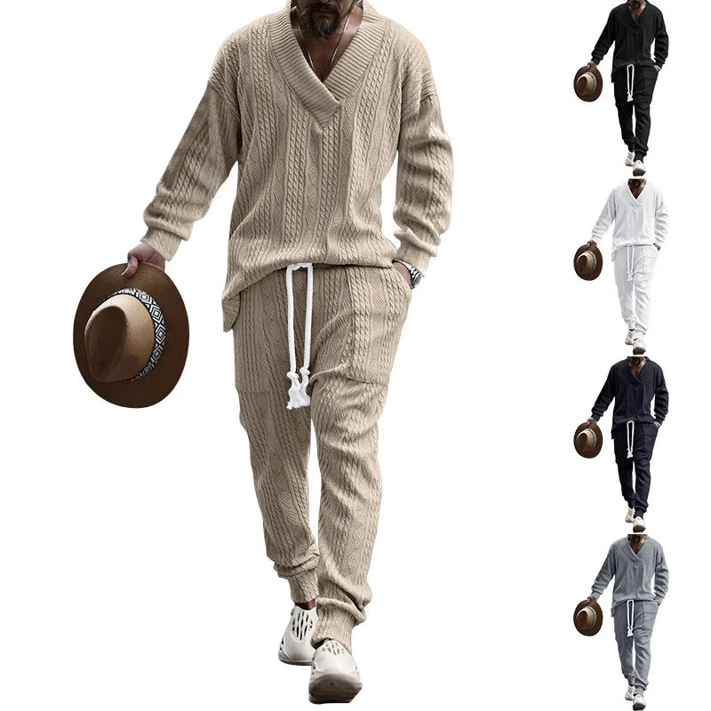 2025 Ensemble composé d’un pantalon décontracté pour homme et d’un pull en maille jacquard polyvalent à col V, tendance transfrontalière