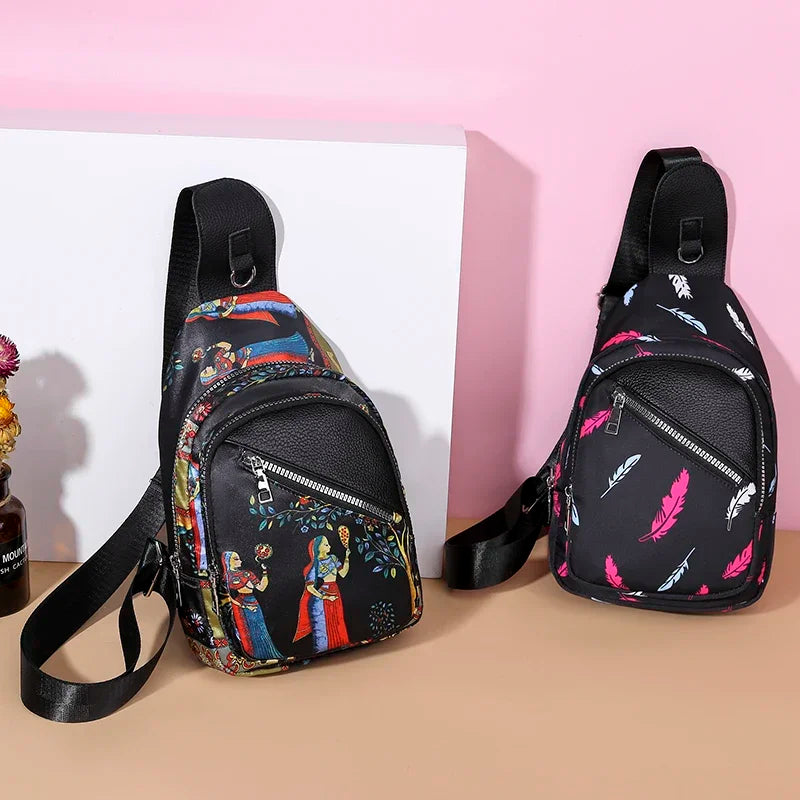 Trendy Ethnic Chest Bag for Women, Multiple Pockets, Large Capacity, Crossbody Bag for Coins, Mobile Phone, Cards, and Wallet