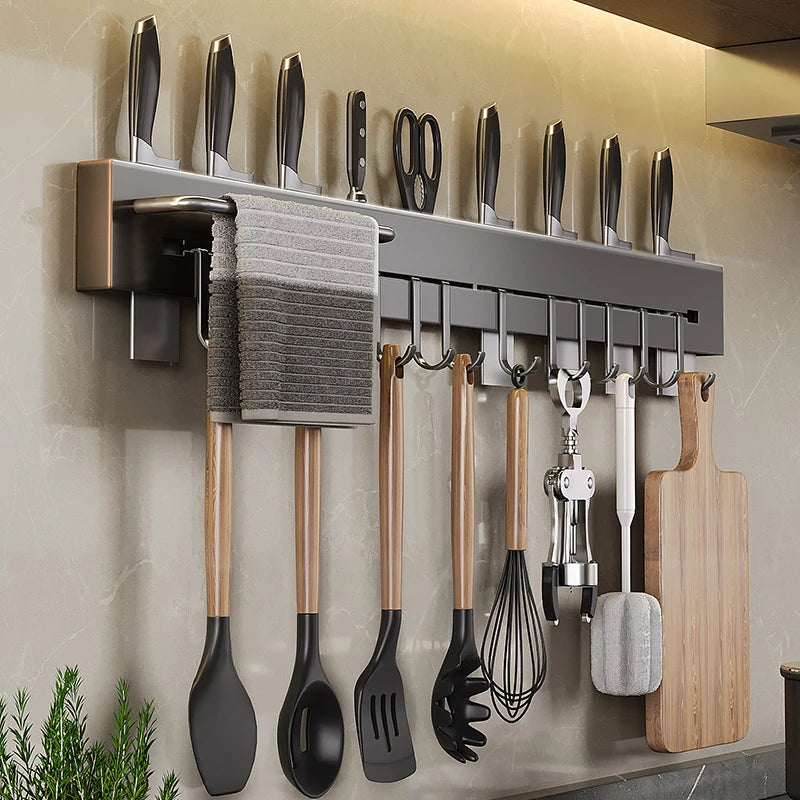 Soporte de acero inoxidable para colgar utensilios de cocina, organizador de pared para cucharas, cuchillos y accesorios de cocina.