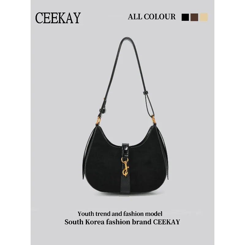 2026 New CEEKAY Suede Splice Hobo Bag, Crescent Shoulder Bag with Metal Hook Decor, Casual Underarm Bag for Women Handbags