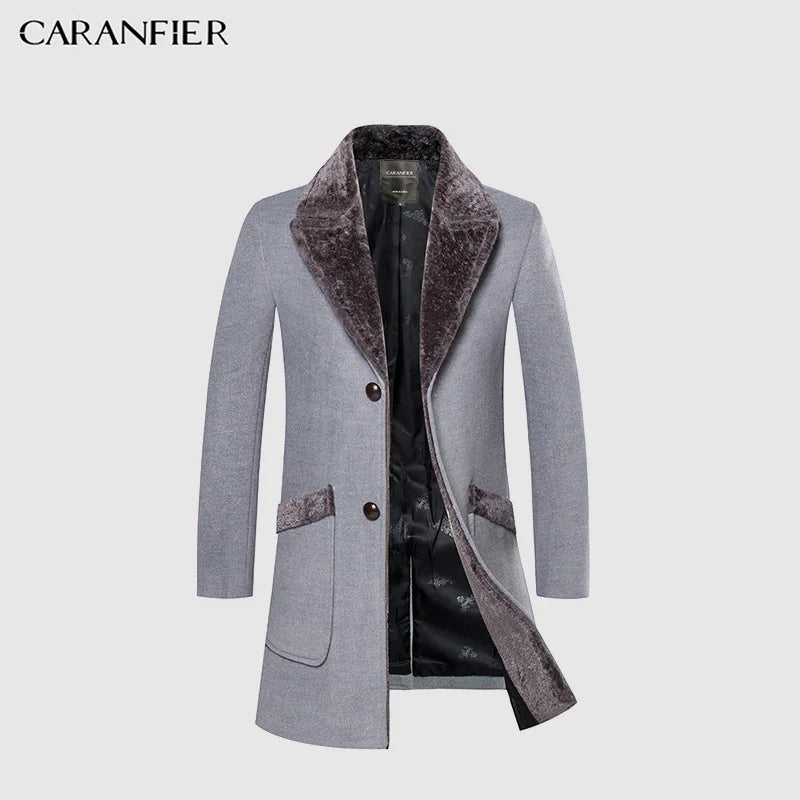 CARANFIER New Arrival Winter Men's Long Woolen Coat Fur Collar Warm Wool Coats Male Solid Color Slim Casual Windbreaker Jacket