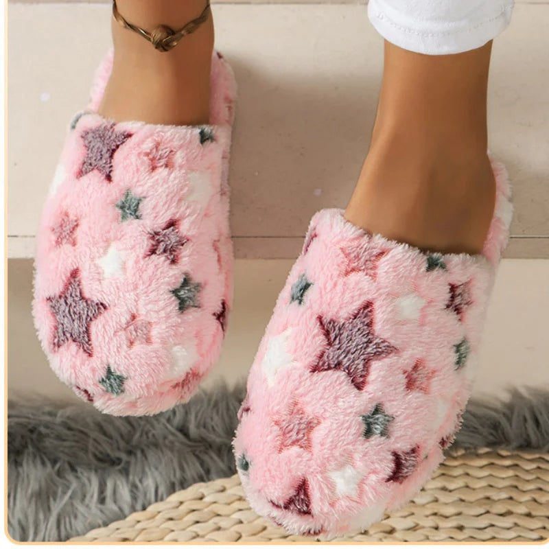 Weibliche Hausschuhe mit fünfzackigen Sternen, weich, für Paare, warm für den Winter, für drinnen, Schlafzimmer, Plüsch-Pantoletten, für Erwachsene, bequem, leise, flache Plüschsandalen