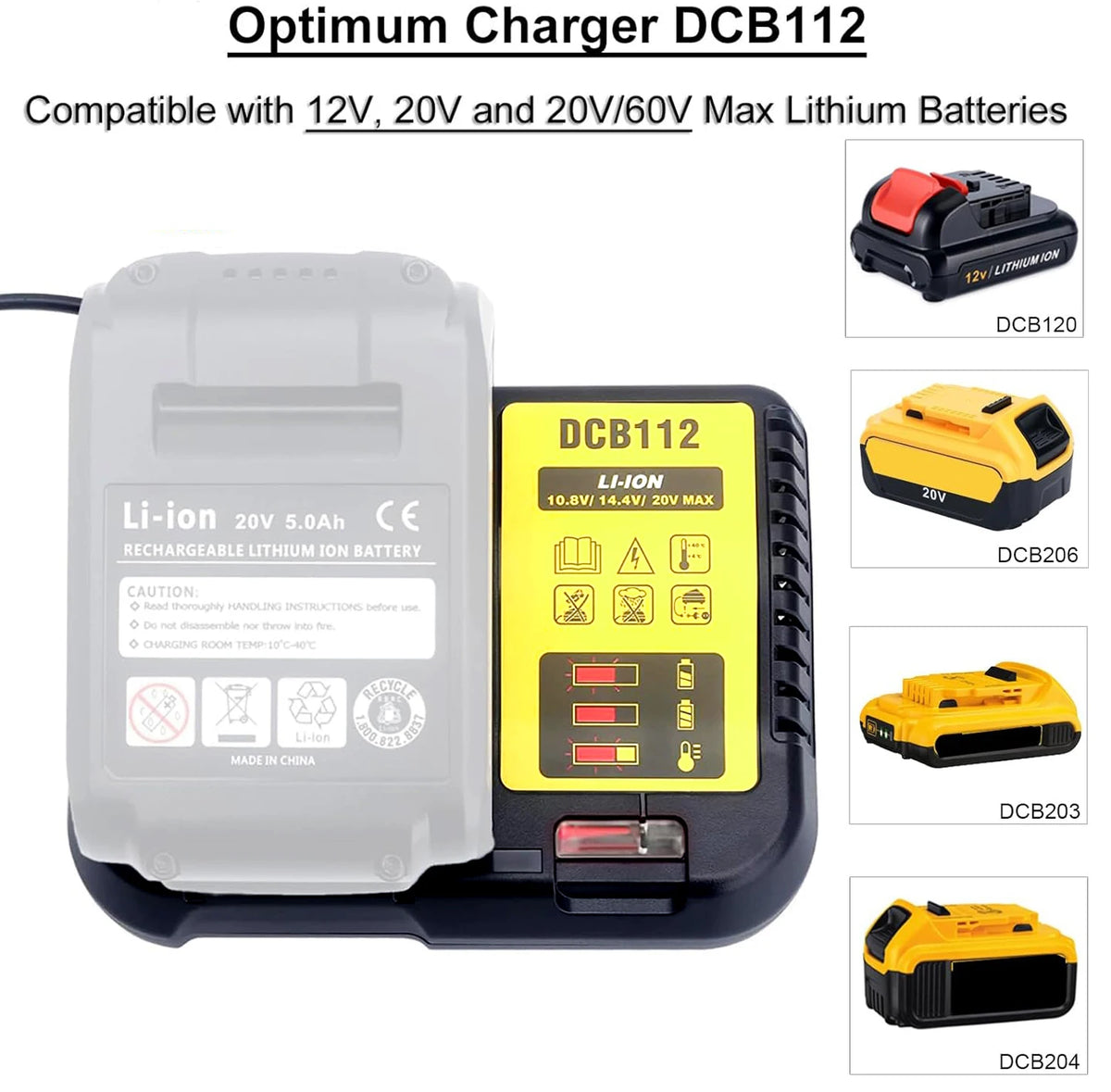DCB112 Ersatzladegerät für Dewalt 12V/20V Akku-Ladegerät kompatibel mit Dewalt 12V/20V Max Akku DCB200 DCB203 DCB125 DCB107