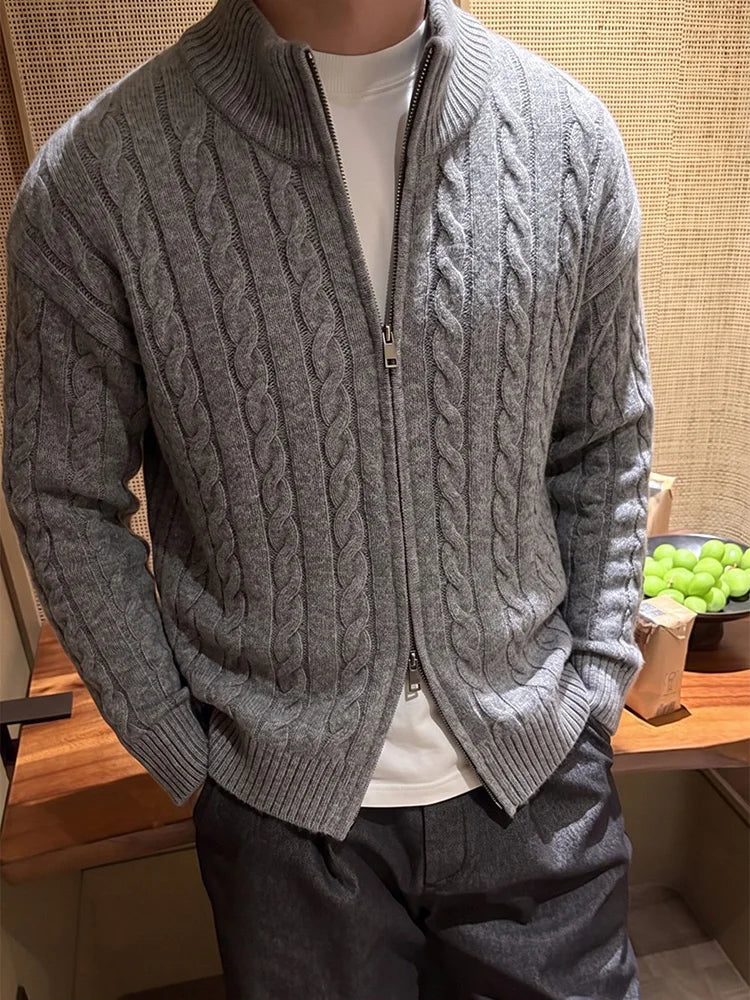 Autumn Men's Jacquard Sweater Solid Color Slim Fit Cozy Sweater Casual Fashion Streetwear Warm Zipper Knitted Cardigan