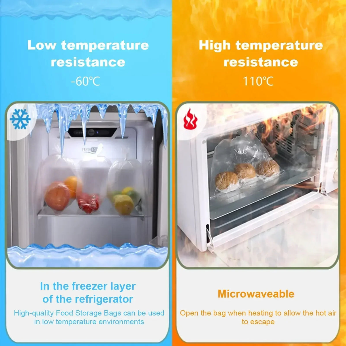 Sacchetti di plastica monouso per alimenti, buste trasparenti adatte a microonde e congelatore per conservare frutta, verdura e pane, organizer per la cucina