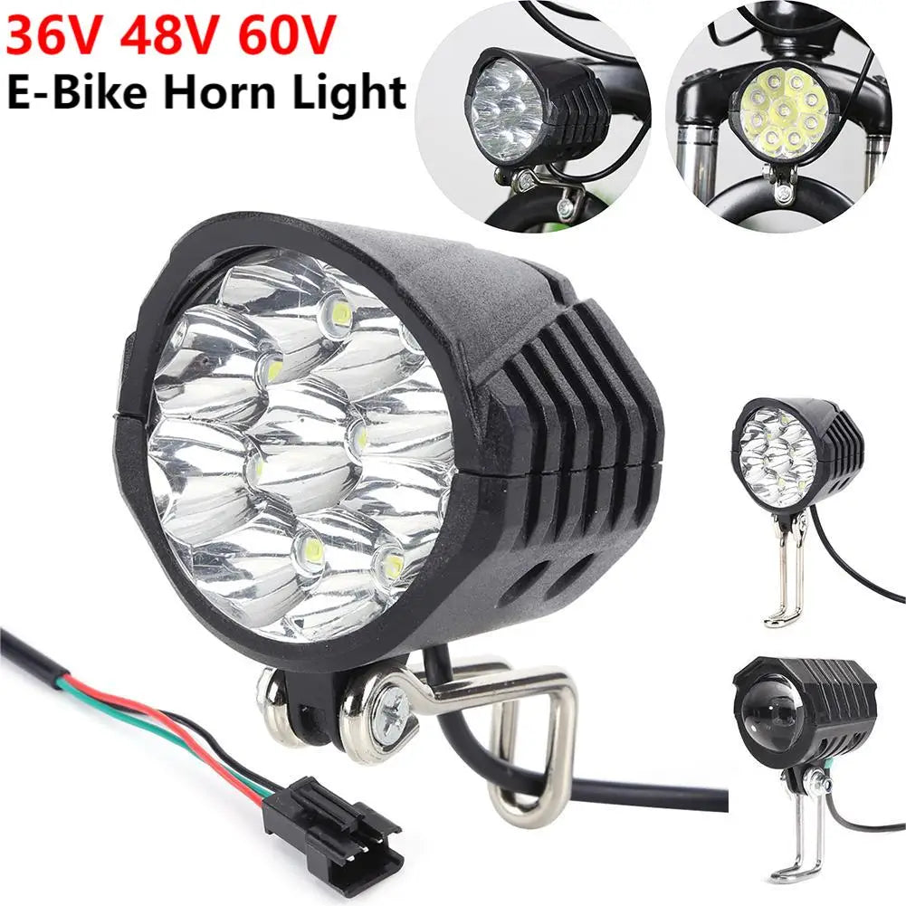 Faro delantero para bicicleta eléctrica 36V 48V 60V, 9 LED, 18W, 2 en 1 con bocina y luz, interruptor para patinete, luz de seguridad para bicicleta