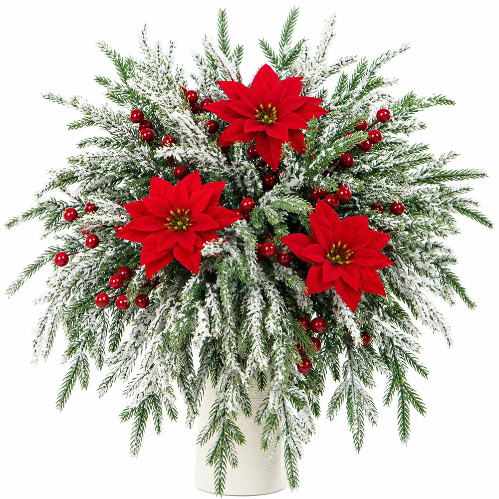 Decoraciones navideñas DIY 18 piezas Agujas de pino artificiales Bayas rojas Flores de flor de Pascua para Fiesta en casa Decoración de corona para Festival de invierno