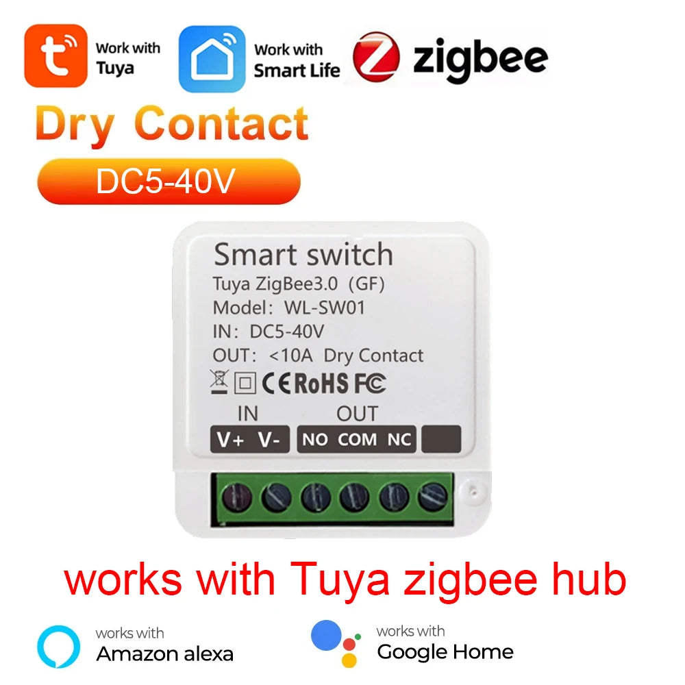Tuya Dry Contact WiFi Zigbee Smart Switch Module 10A Smart Home DIY Breaker Relay DC 5-40V Work with Google Home Assistant Alexa