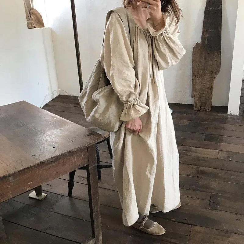 Abito midi da donna in cotone e lino con maniche a lanterna