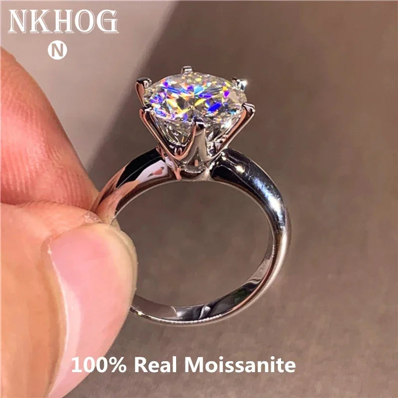 Anillo clásico de 6 garras con moissanita redonda de 5 quilates, plata de ley 925, diamante de alta claridad color D, joyería para mujer chapada en oro de 14K