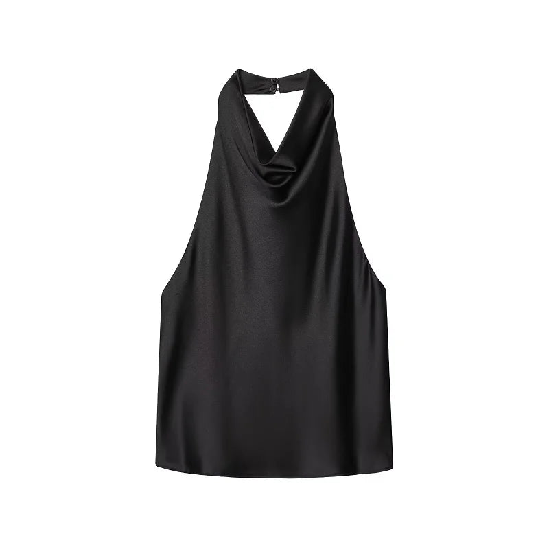 Top satinato da donna con scollo all'americana