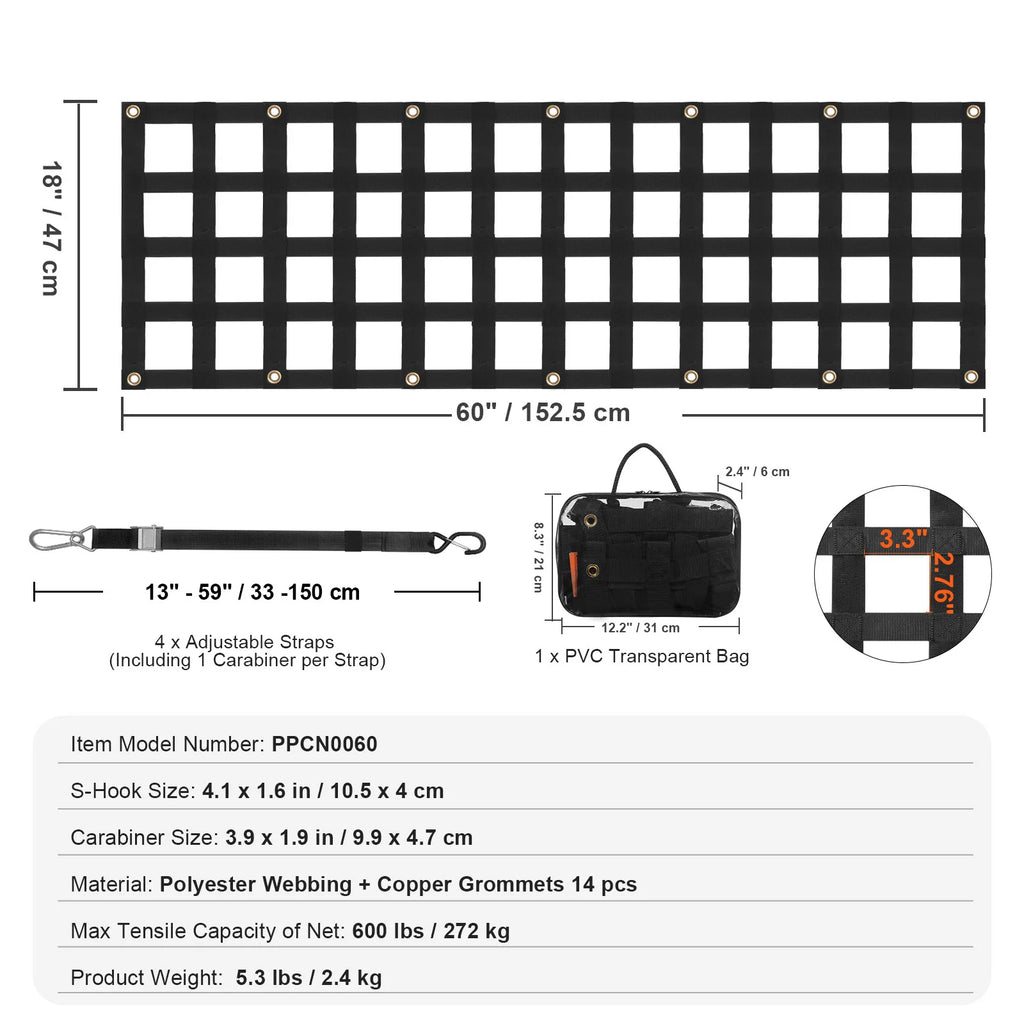 SucceBuy Car Tailgate Net Elastic Rear Cargo Trunk Storage Organizer with 4 Telescopic Straps Luggage Net for Trailer Jeep SUV