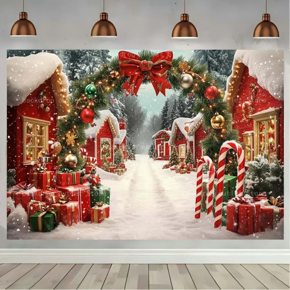 Winter Christmas Party Backdrops Snow Town Arch Door Xmas Tree Gift Decor Kids Portrait Photocall Photography Background