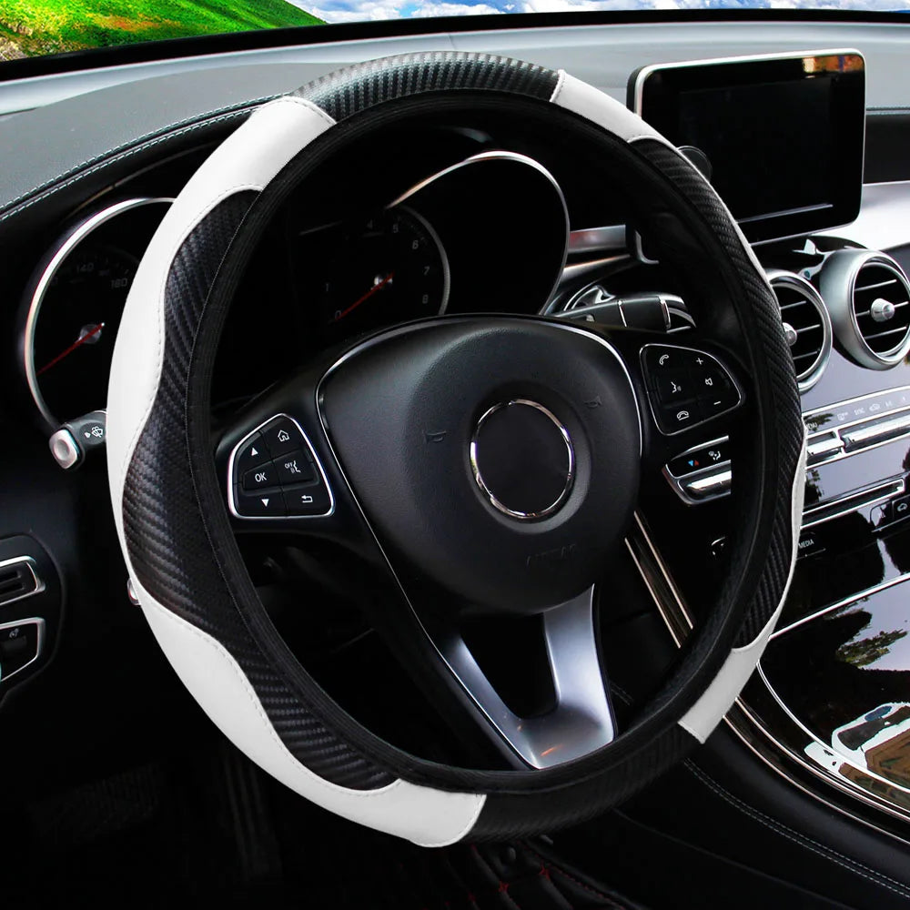 PU Carbon Fiber Leather Steering Wheel Cover Without Inner Ring, Suitable for 14.5–15-Inch Steering Wheels