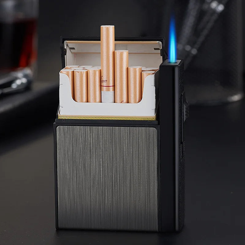 Étui à 20 cigarettes, briquet turbo en métal à gaz butane, porte-cigarettes, gadget, boîte à briquets, cadeau pour homme