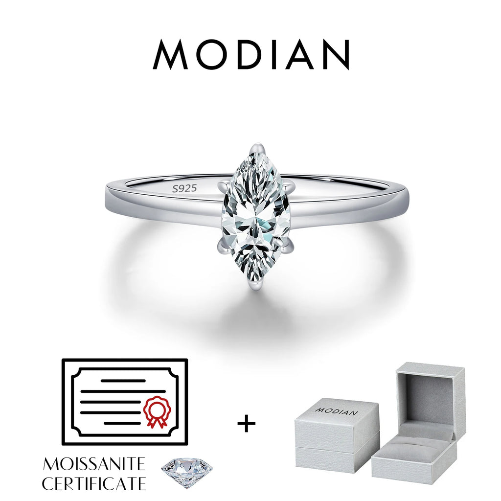 Anillo MODIAN D Color con moissanita romboidal talla marquesa, plata de ley 925, lujo, para mujer, boda, joyería fina y regalos